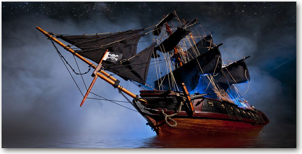 Tulup Glas-Bild -140x70- Wandkunst Dekorative Wand für Küche & Wohnzimmer - Fahrzeuge - Piratenschiff - Schwarz