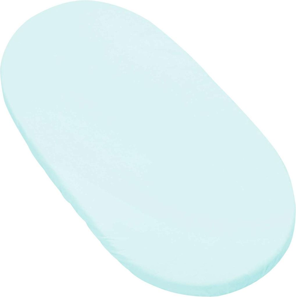 A light mint colored fitted sheet for a crib or bassinet.