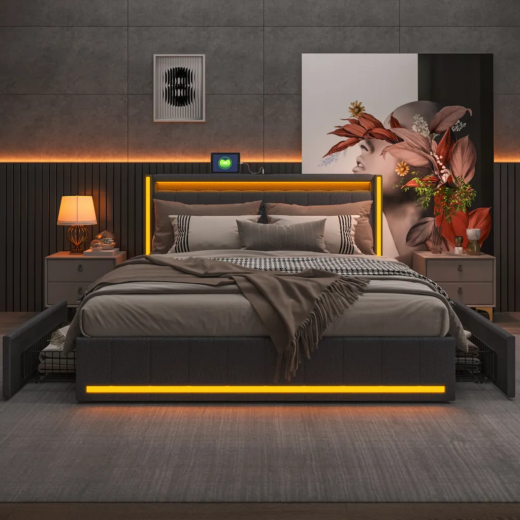 Lit double 160x200 cm gris avec LED et 4 tiroirs en métal collection Nora