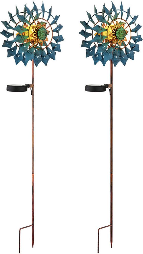 2x LED Solarleuchte, Windrad, Metall Bruchglas, gold blau, H 92 cm