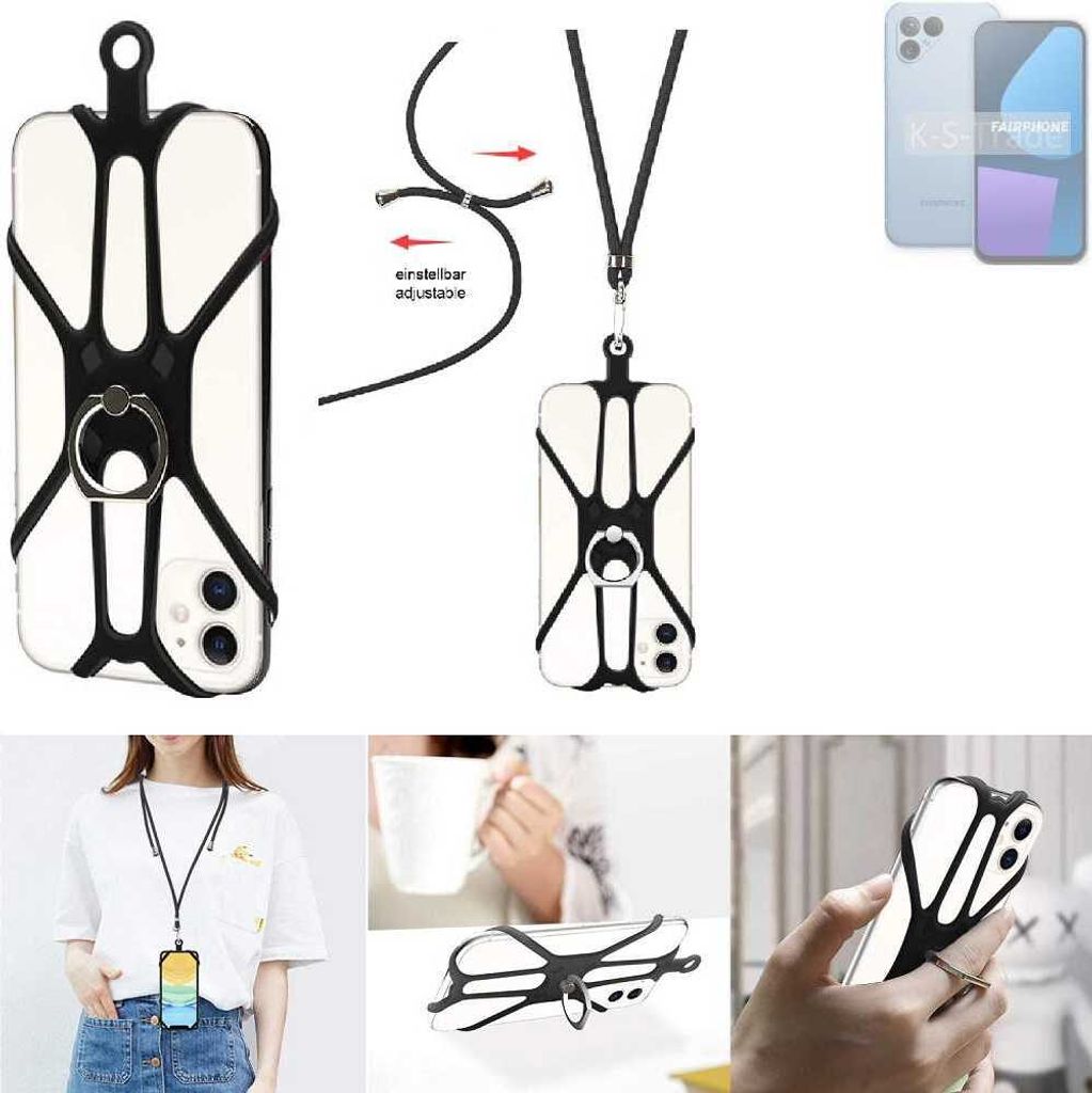 K-S-Trade 3in1 Handykette Handyband Handykordel Halsband Smartphone-Ring Handy-Ring kompatibel mit Fairphone Fairphone 5 Fingerhalterung Handyring
