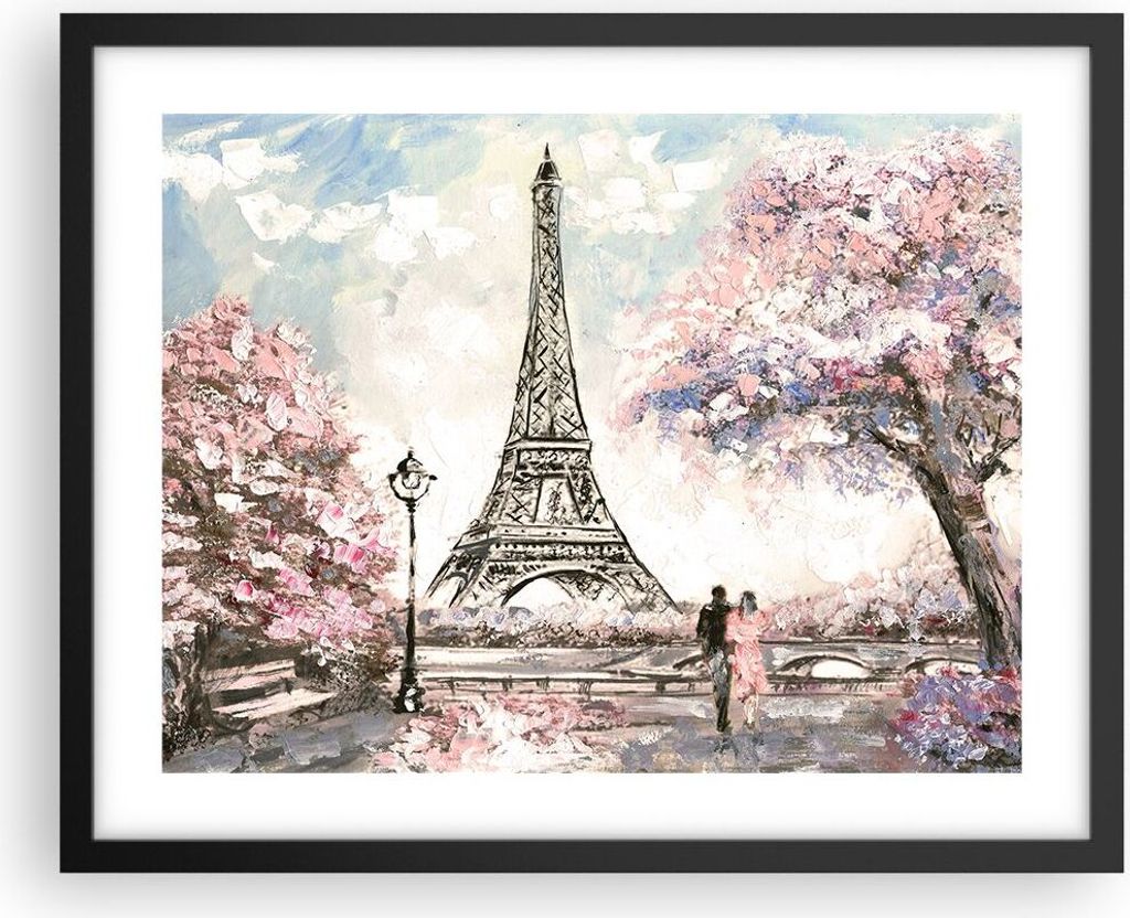 Gerahmtes Poster - Schwarzer Rahmen - Bäume Eiffle Paar Frankreich - 50x40 cm - Wand Bild - Wanddeko - Wandbilder - Wandposter - Bilderrahmen - Bi...