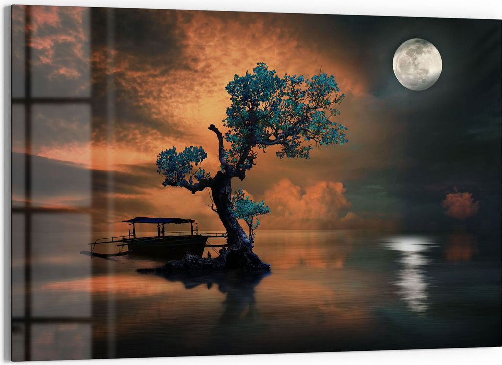 DEQORI Glasbild Echtglas 90x60 cm 'Einsamer Baum und Mond' Wandbild Bild modern Deko