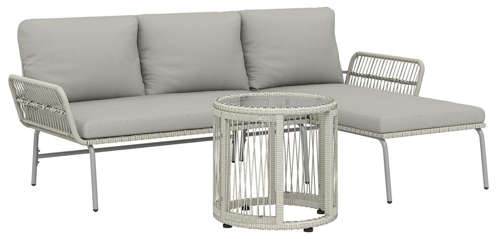 Polyrattan Gartenmöbel Set 3-teilig, Lounge Set mit Chaiselongue Zweisitzersofa Glastisch abnehmbar Kissen