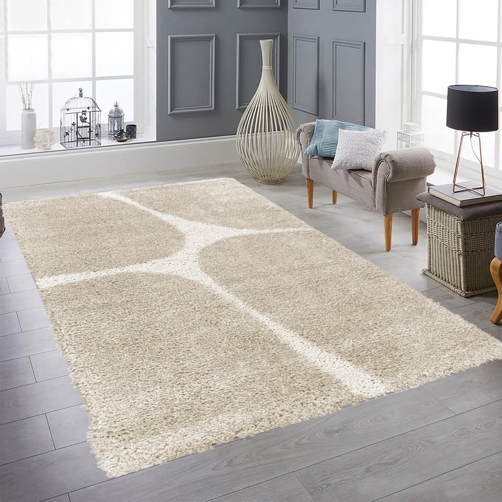 Moderner Hochflor Teppich Beige Akzente Weich, gemütlich, pflegeleicht mit organischem Muster in Creme Beige Größe - 200 x 290 cm