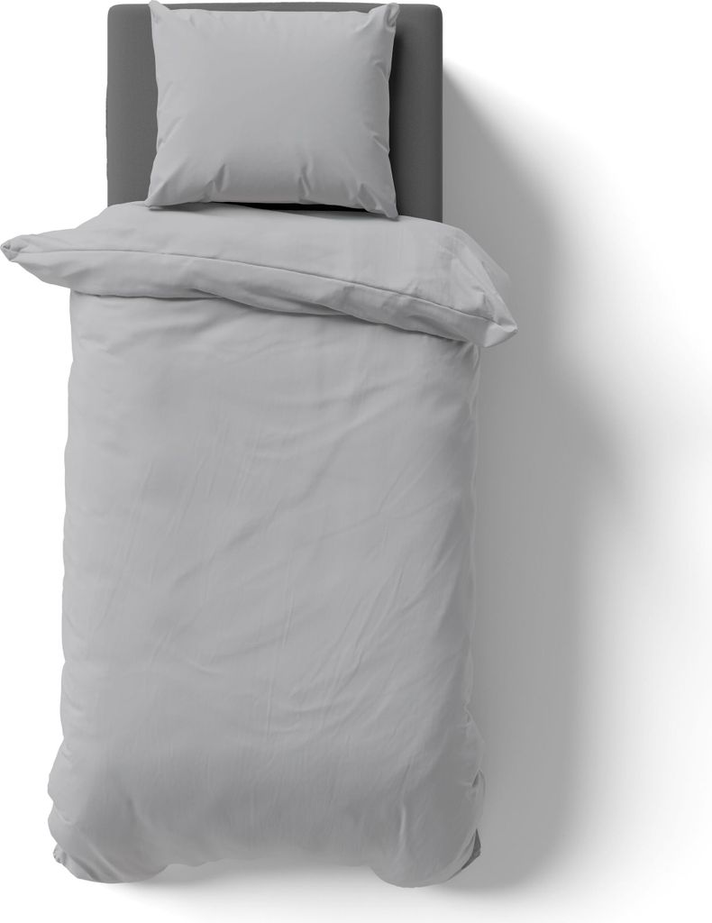A top-down view of a gray duvet and pillow set on a bed.