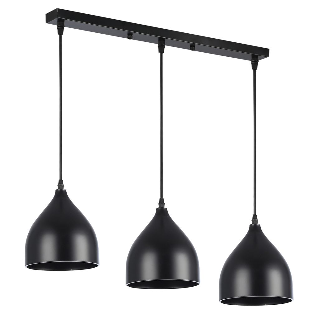 A black three-light pendant lamp with conical shades, shown against a white background.