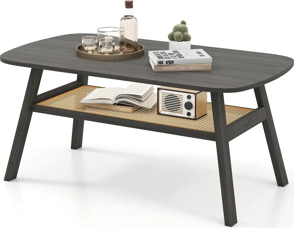 Table de salon bicolore noire et rotin - Table basse 2 niveaux rustique