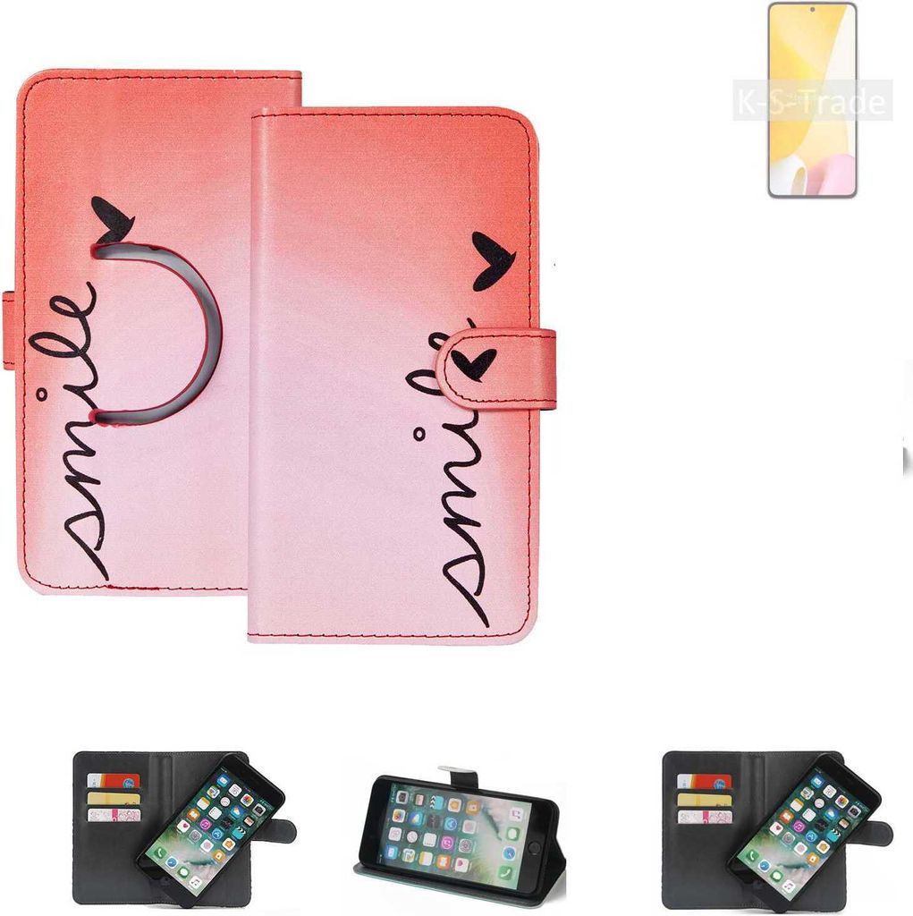 K-S-Trade Schutzhülle Handyhülle kompatibel mit Xiaomi 12 Lite Hülle cover bookstyle Etui ''smile'' rot Standfunktion Kameraschutz (1Stk)