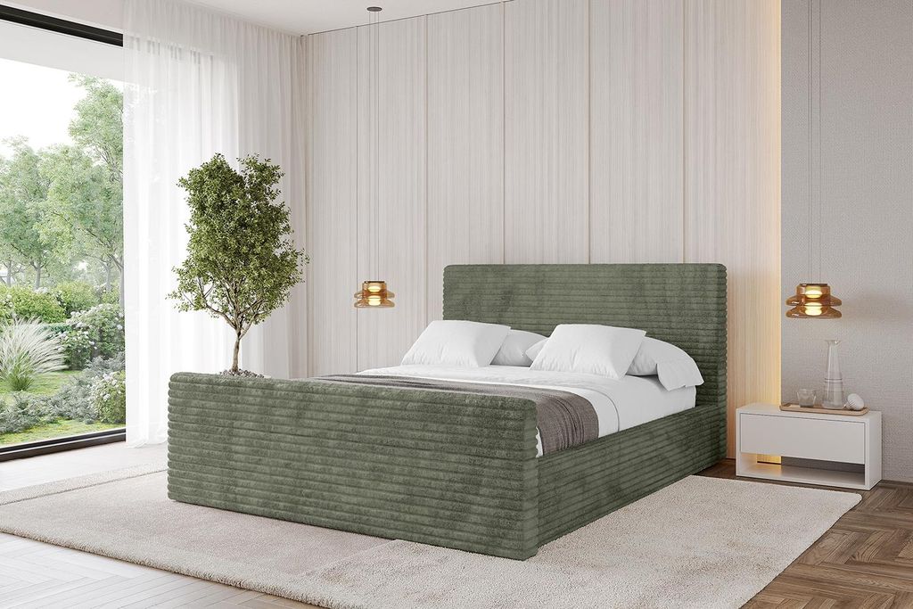ALTDECOR Polsterbett mit Bettkasten - ALOVA-Z - 120x200 Cord - Olive - Bett mit Kopfteil und Fußteil, Boxbett ohne Matratze, Doppelbett mit Stauraum