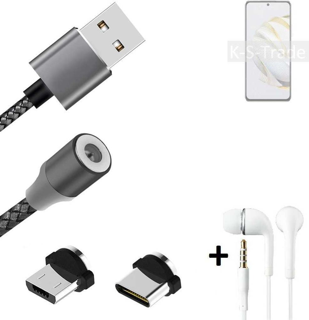 K-S-Trade Hochwertiges Magnet-Lade-kabel Sync-Kabel Daten-Kabel + Kopfhörer kompatibel mit Huawei nova 10 SE mit USB-Typ-C-Anschluss und