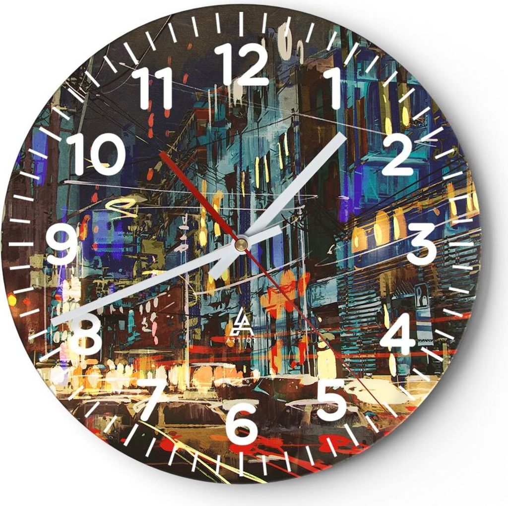 Wanduhr - Rund - Glasuhr - Stadt Nacht Straße - 30x30cm - Schleichendes Uhrwerk - Lautlos - zum Aufhängen bereit - Dekoration Modern - Wanddekora...