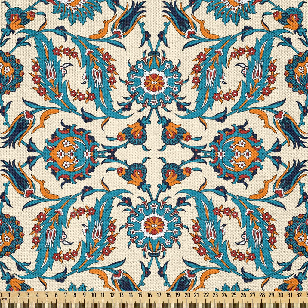 ABAKUHAUS Orient Satin Stoff als Meterware, Orientalische Blumen Bild Musterung Bohämische Darstellung.Traditioneller Druck, 10 M (148 x 1000 cm),...