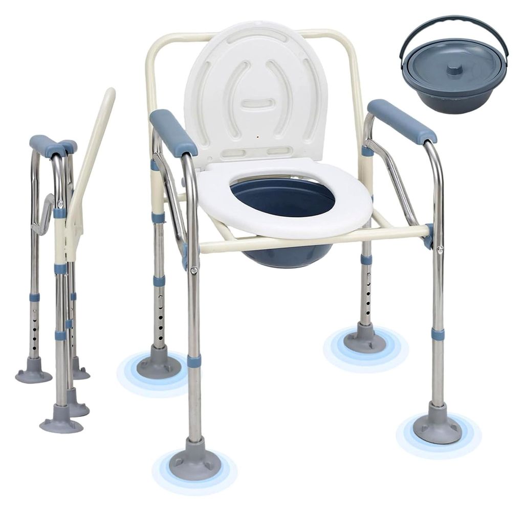 Klappbarer Toilettenstuhl für Senioren bis 150 kg, 5-fach höhenverstellbarer Nachtstuhl mit Eimer, Toilettenhilfe für Senioren und Schwangere, i...