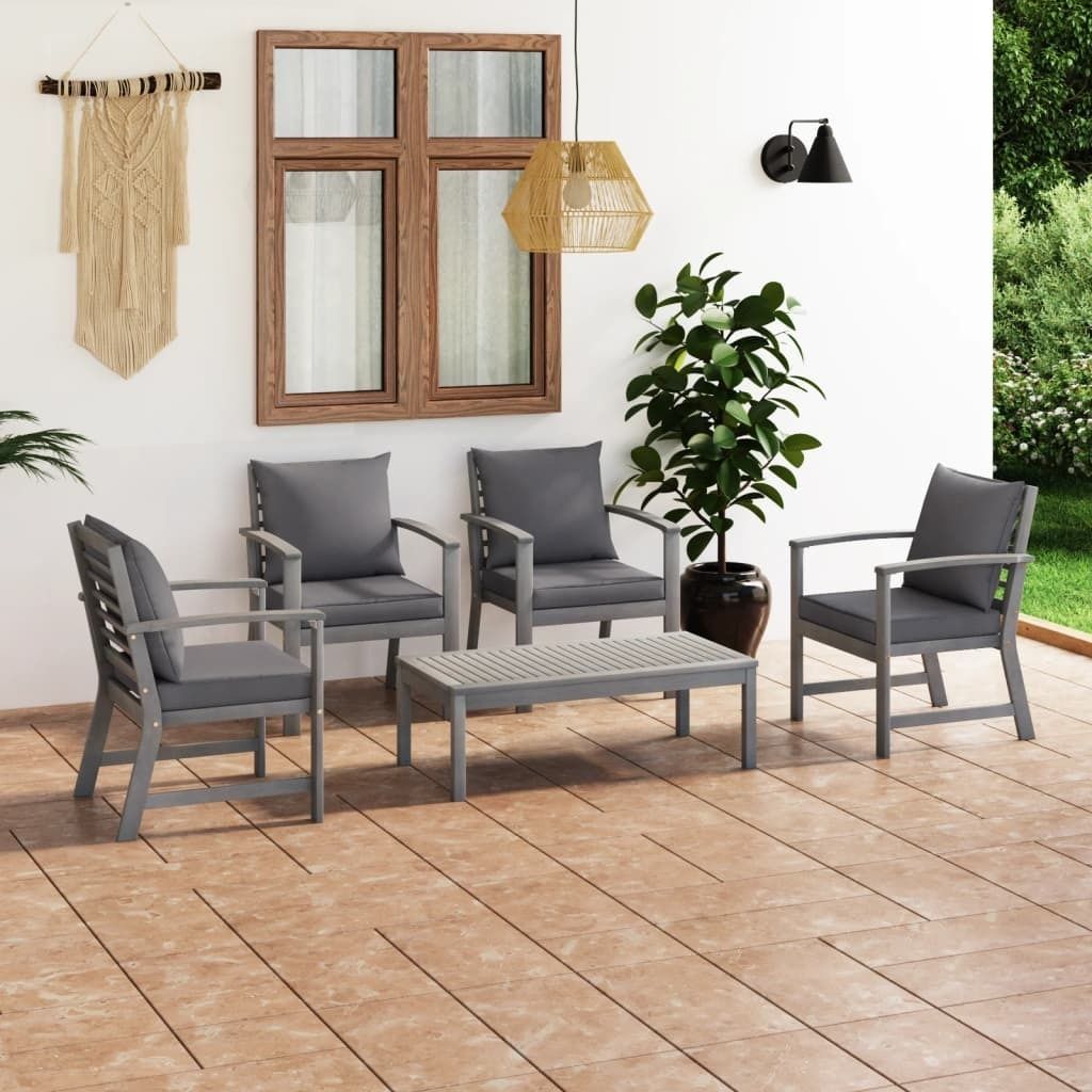 ZMH 5-tlg. Garten-Lounge-Set mit Auflagen Massivholz Akazie Grau