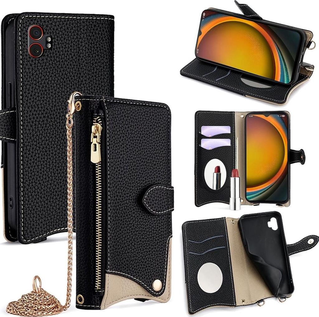 Für XSamsung Galaxy XCover 7 Pro Design Crossbody Chain Kunstleder Schutz Tasche Schwarz
