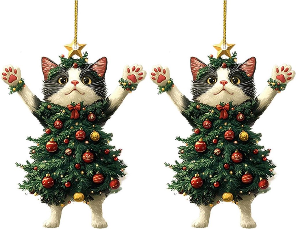 Weihnachtskatze im Weihnachtsbaum, Acryl-Hängeornament, 2D-flacher Auto-Rückspiegel-Anhänger, Weihnachtsgeschenk für Katzenliebhaber