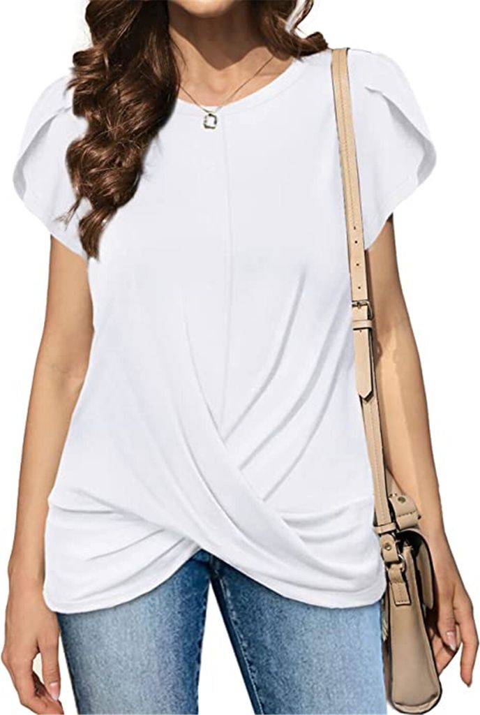 ASKSA Damen T-Shirt Rundhals Kurzarm Blütenblatt Ärmel Shirts Lose Sommer Twist Knoten-Tuniken Blusen Tops, Weiß, XXL