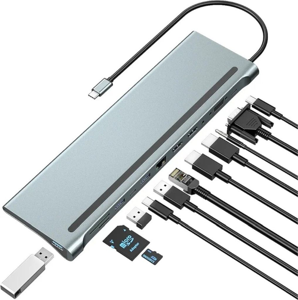 A silver USB-C docking station with various cables and memory cards arranged around it on a white background.