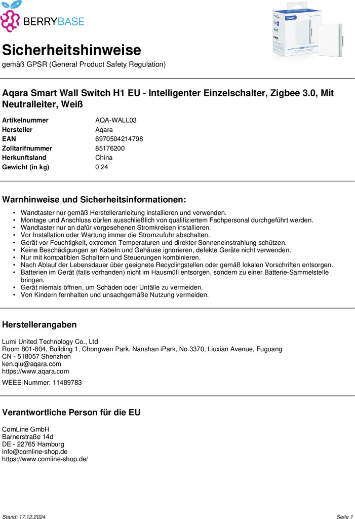 Aqara H1 Interrupteur Mural Connecté avec Neutre Zigbee 3.0 WS-EUK02 - 19