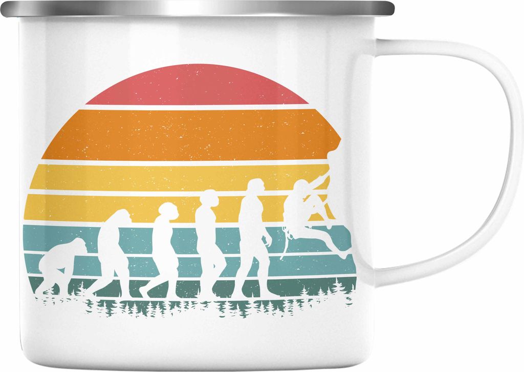 Trendation - Klettern Bergsteigen Geschenk Emaille Tasse Boulder Geschenkidee Berge Evolution (Silber)