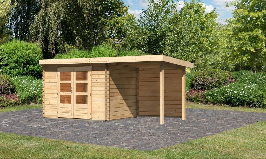 Gartenhaus Blockbohlenhaus Gerätehaus Bastrup 3 im Set mit Anbaudach 2 m breit, 28 mm Rückwand naturbelassen 479x237x217 cm