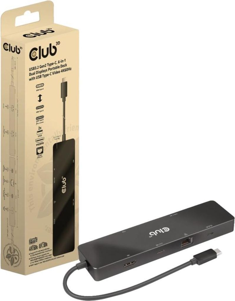Club 3D USB-C 3.2 Gen2 6-in-1 Dual Displays Portable Dock Produktbild 