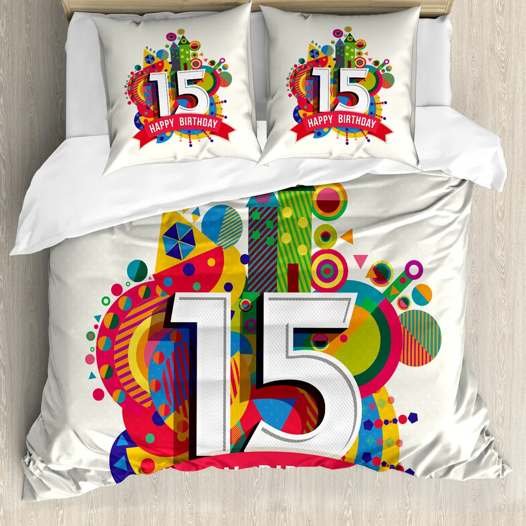 ABAKUHAUS 15° compleanno Copripiumino, Fifteenth Birthday, antiacaro, adatto a chi soffre di allergie, con federe, 155 cm x 220 cm - 80 x 80 cm, multicolore