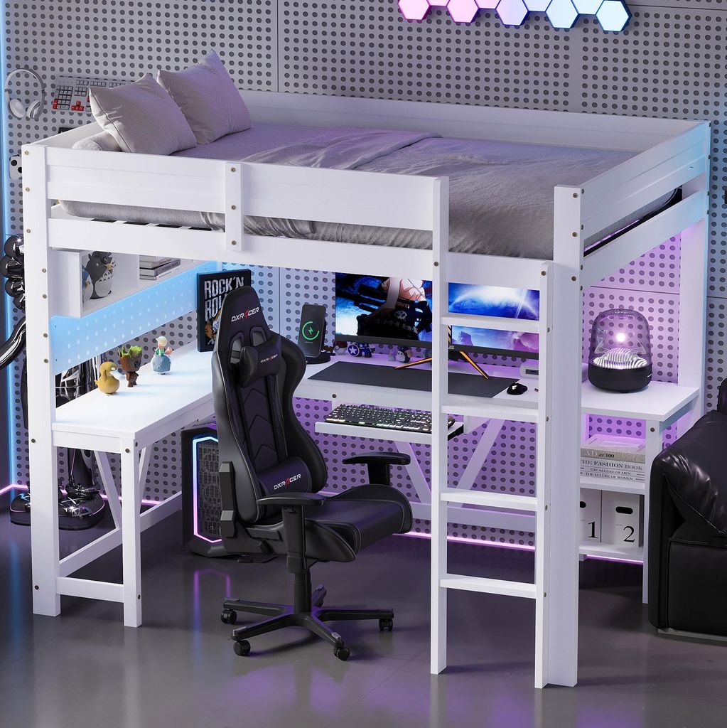 MODFU Hochbett 90x200 Funktionsbett mit Schreibtisch LED-Beleuchtung mit 7 Farben Ladestation mit USB und Steckdosen,mit Matratze,Weiß