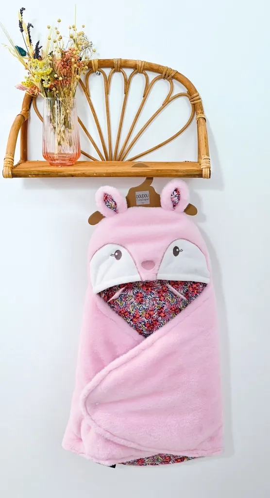 Doudou Couverture rose pour bébé avec capuche peluche 70 cm Boh'aime