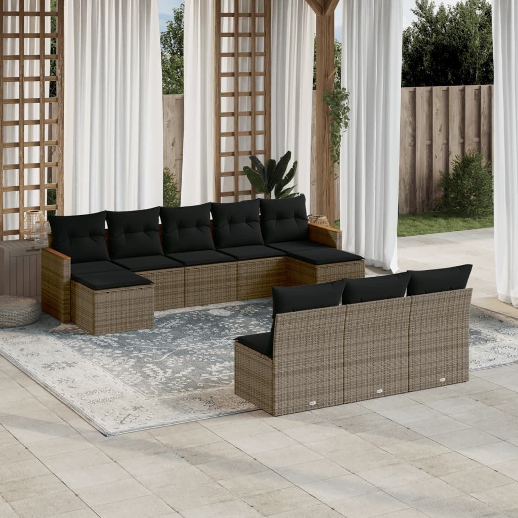 Design 10-tlg. Garten-Sofagarnitur mit Kissen Grau Poly Rattan, Gartenmöbel-Sets 2024 Neu