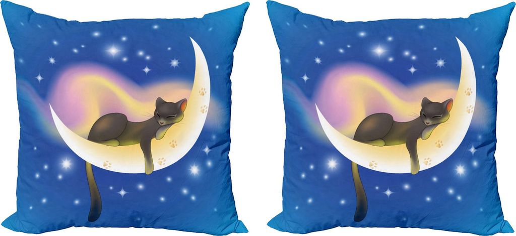 ABAKUHAUS Katze Kissenbezug Set (2Stück), Mondsichel Sterne Süße Träume Nacht Thema Cartoon Zeichnung, 45 x 45 cm, Blau Gelb