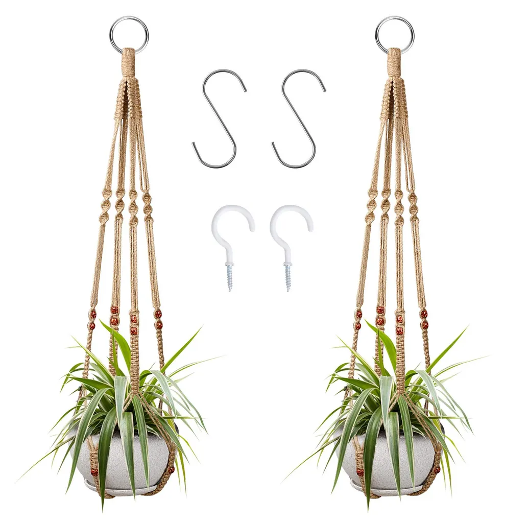 Suspension plante macramé bohème 89 cm avec 4 crochets robustes - Duo