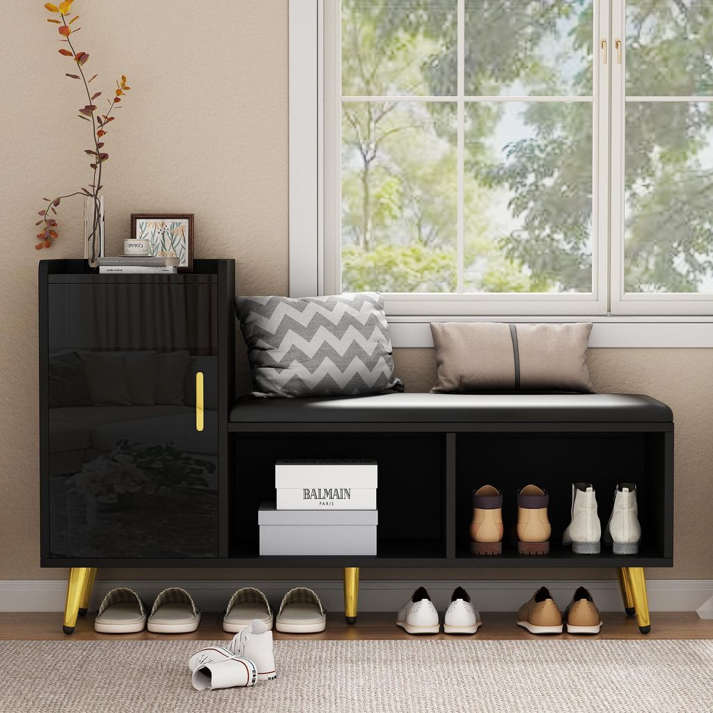 Merax Hochglanz Schuhschrank 120 cm mit Sitzbank, verstellbaren Regalen & Stauraum, für Flur, Garderobe, Schlafzimmer, Schwarz/Gold