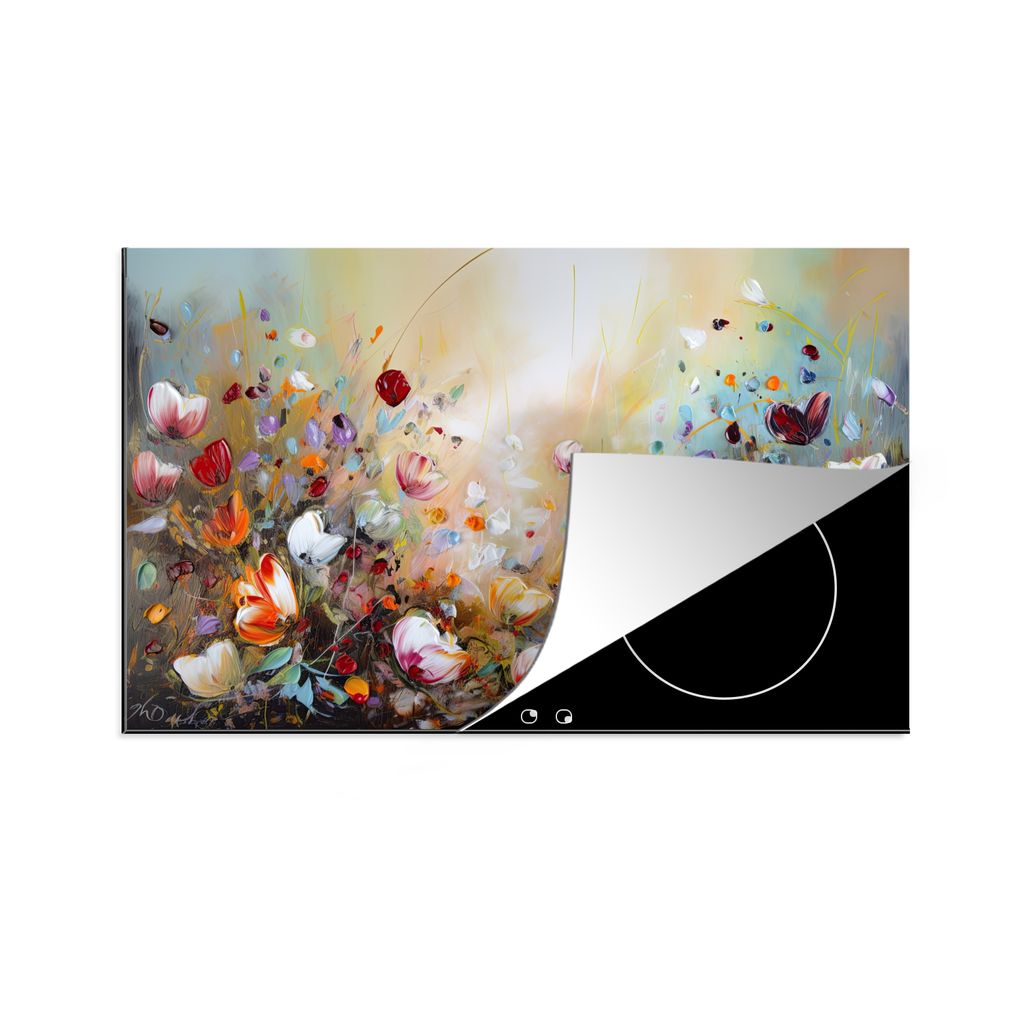 KitchenYeah Herdabdeckplatte Ölfarben - Blumen - Farbenfroh - Natur , 81x52cm, Küche Deko, Glaskeramikkochfeld Herdabdeckung, Abdeckplatte fùr...