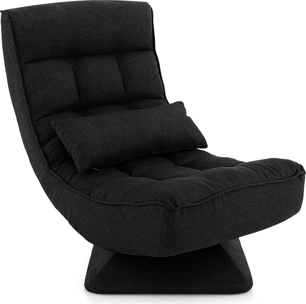 A black floor chair with a lumbar pillow, shown from a side-angle on a white background.