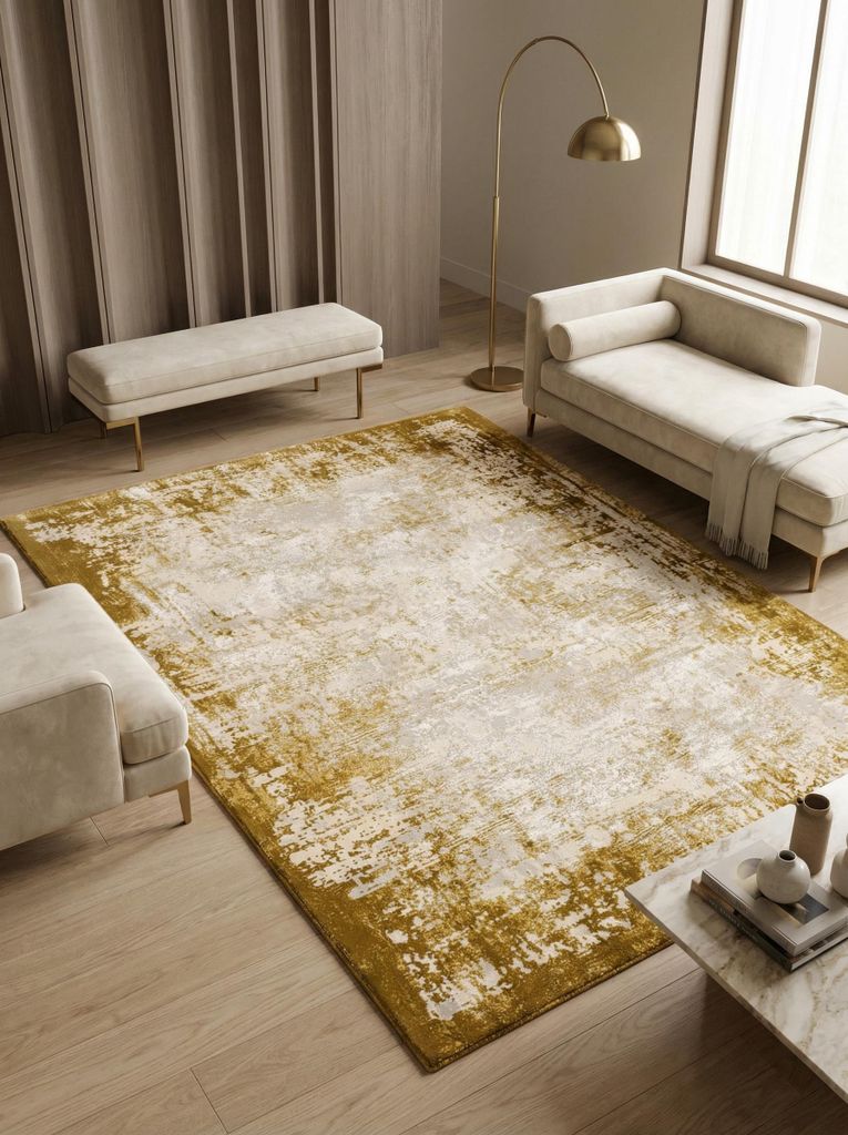 Wohnzimmerteppich Kurzflor Synthetik | Velours-Teppich weich | Bodentextil rutschfest | Modernes Bordürenmuster | Senfgelb 120x170cm Florhöhe 1,1...