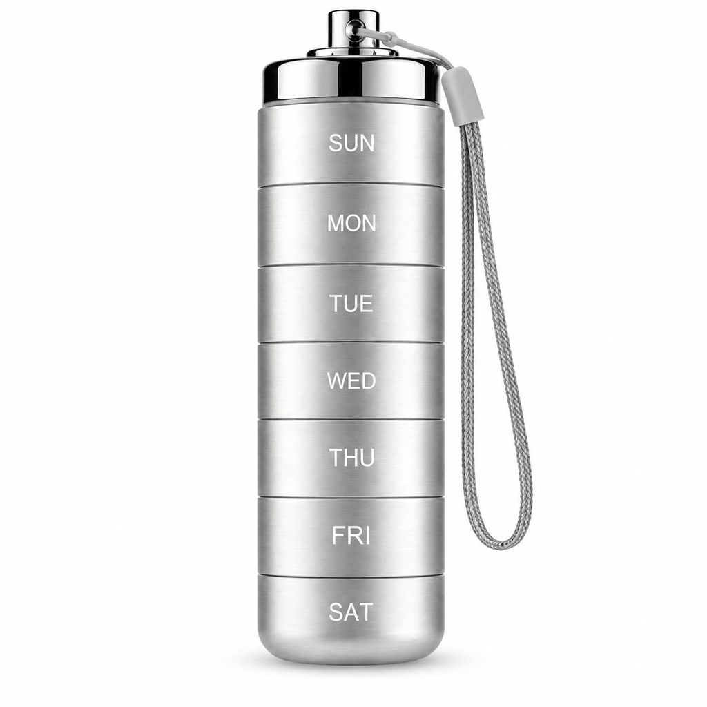 Waterdichte weekpilhouder | WEEKDOSE zilver Productafbeelding  AI-gegenereerde afbeelding
