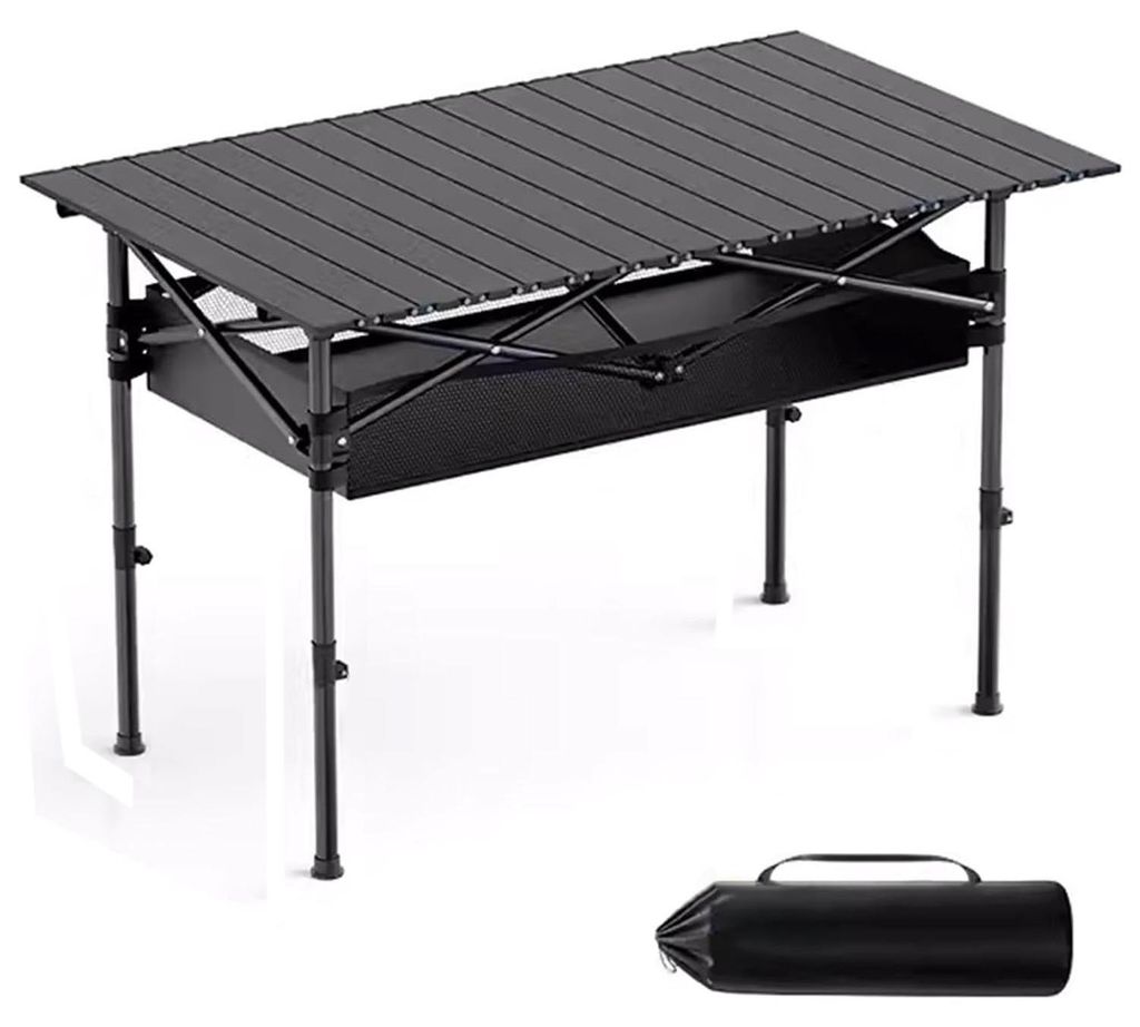 Xmund Klappbarer Campingtisch 95x55 cm mit Netzablage, Rolltisch Aluminium, Tragetasche, Leichtgewicht für Camping, Picknick, BBQ Schwarz