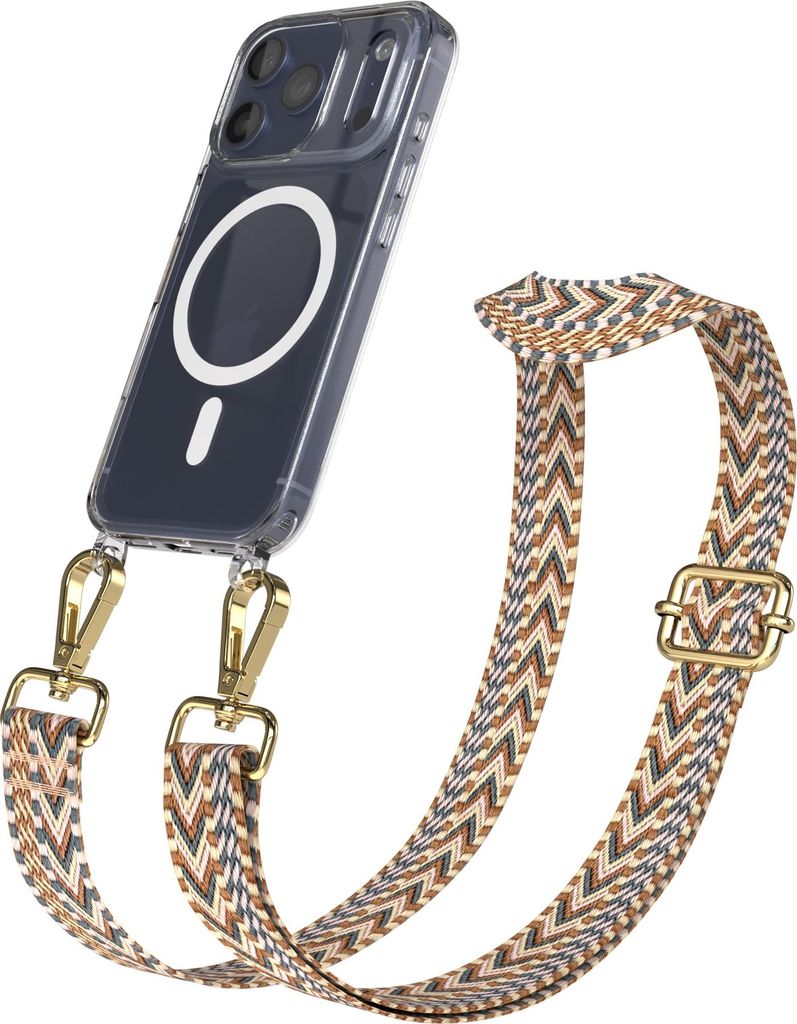 EAZY CASE - Handykette mit MagSafe Hülle für Apple iPhone 17 Pro, Handyband ZigZag Style, Karabiner Gold, Umhängeband in Braun