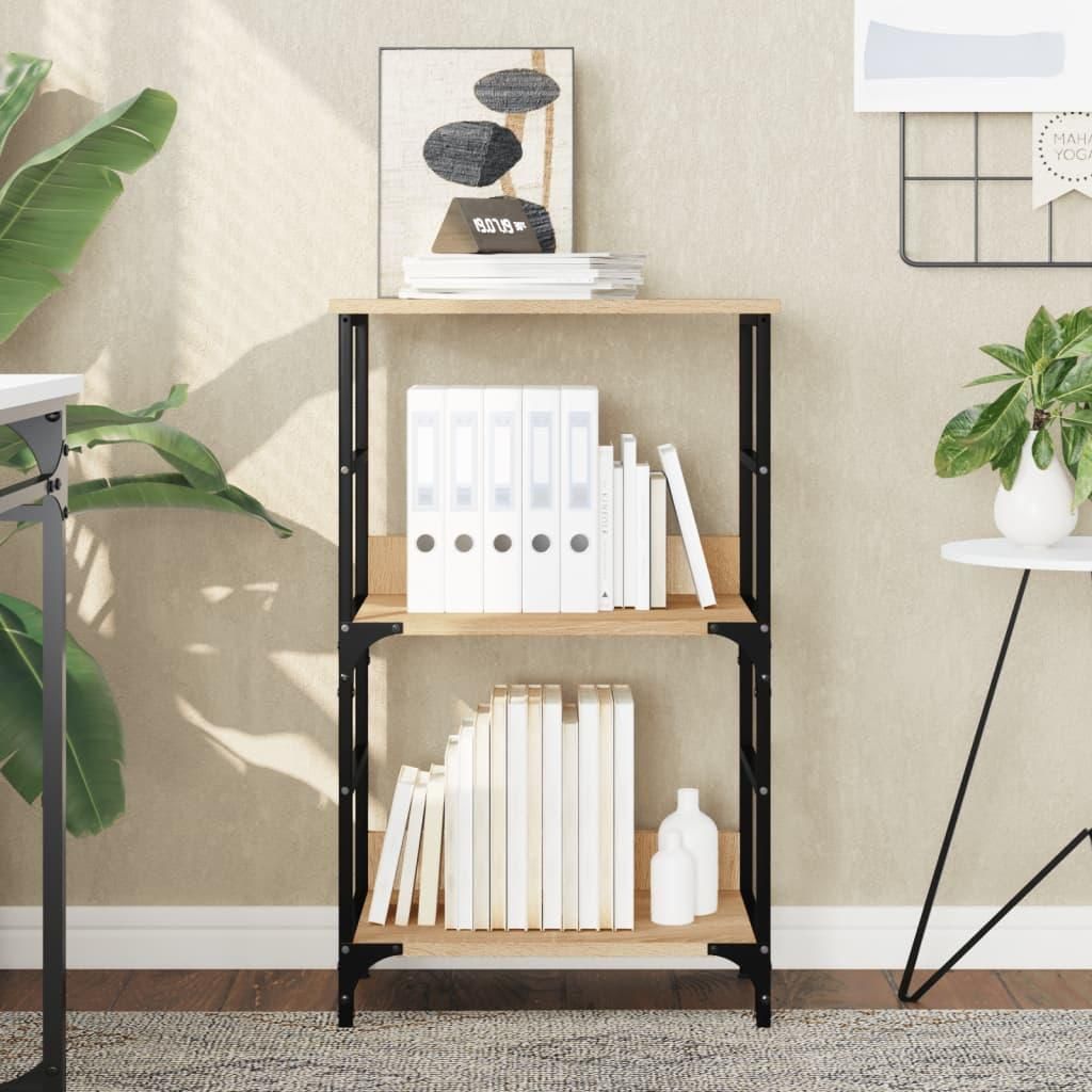 A bookshelf with books and binders on it, placed in a room with a plant and a side table.