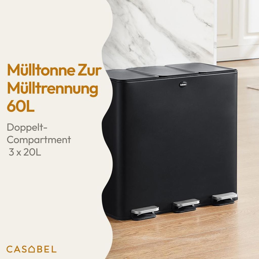 CASABEL Dreifach-Küchenabfalleimer 3x20L, 3 Pedale, Produktbild 