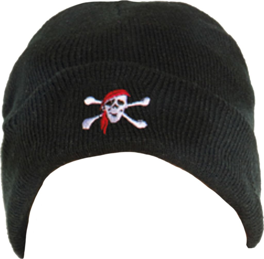 modAS Rollmütze Wintermütze für Kinder mit Print Piraten-Logo – Strickmütze Beanie Mädchen Jungen Mütze mit Totenkopf