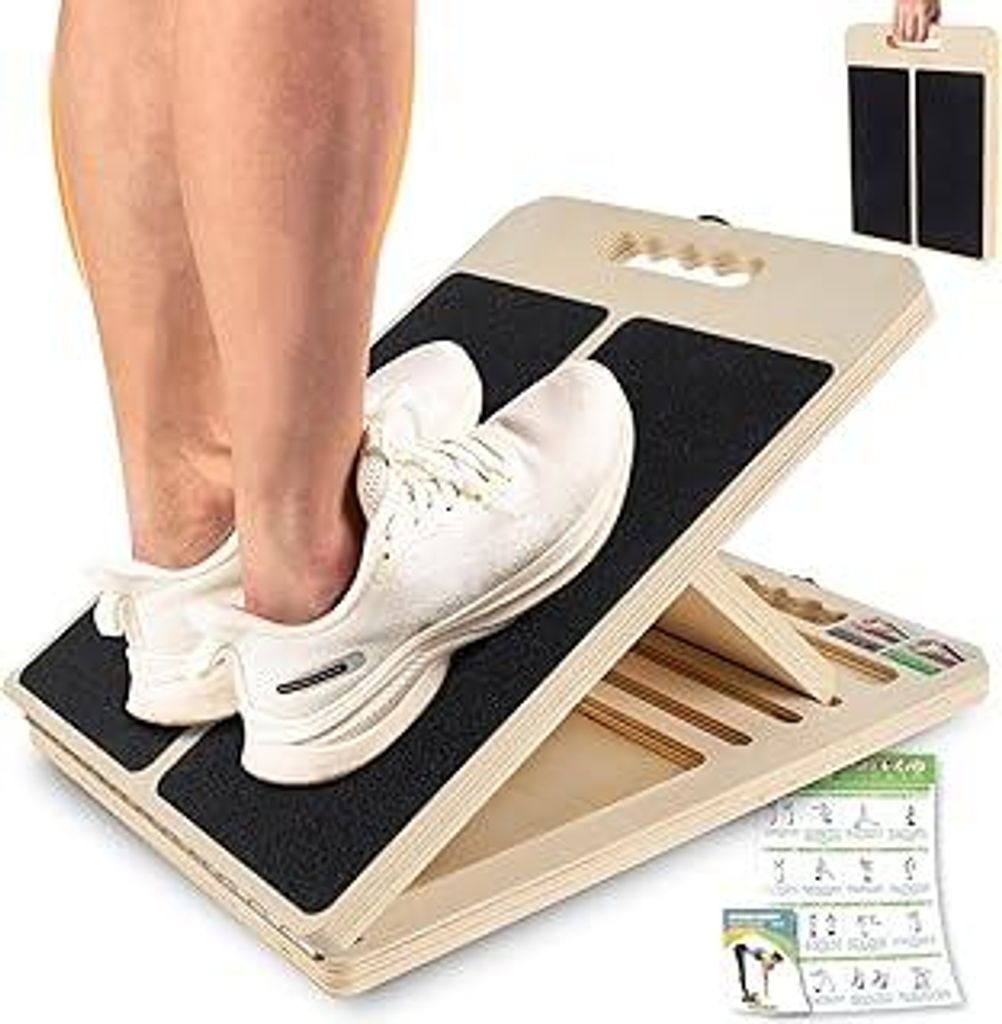 Wadendehner Schrägbrett aus Holz, Slant Board mit 5 Winkeln und Trainingsposter, Verstellbar Wadenstrecker mit Tragegriff, Mobility Balance Board ...