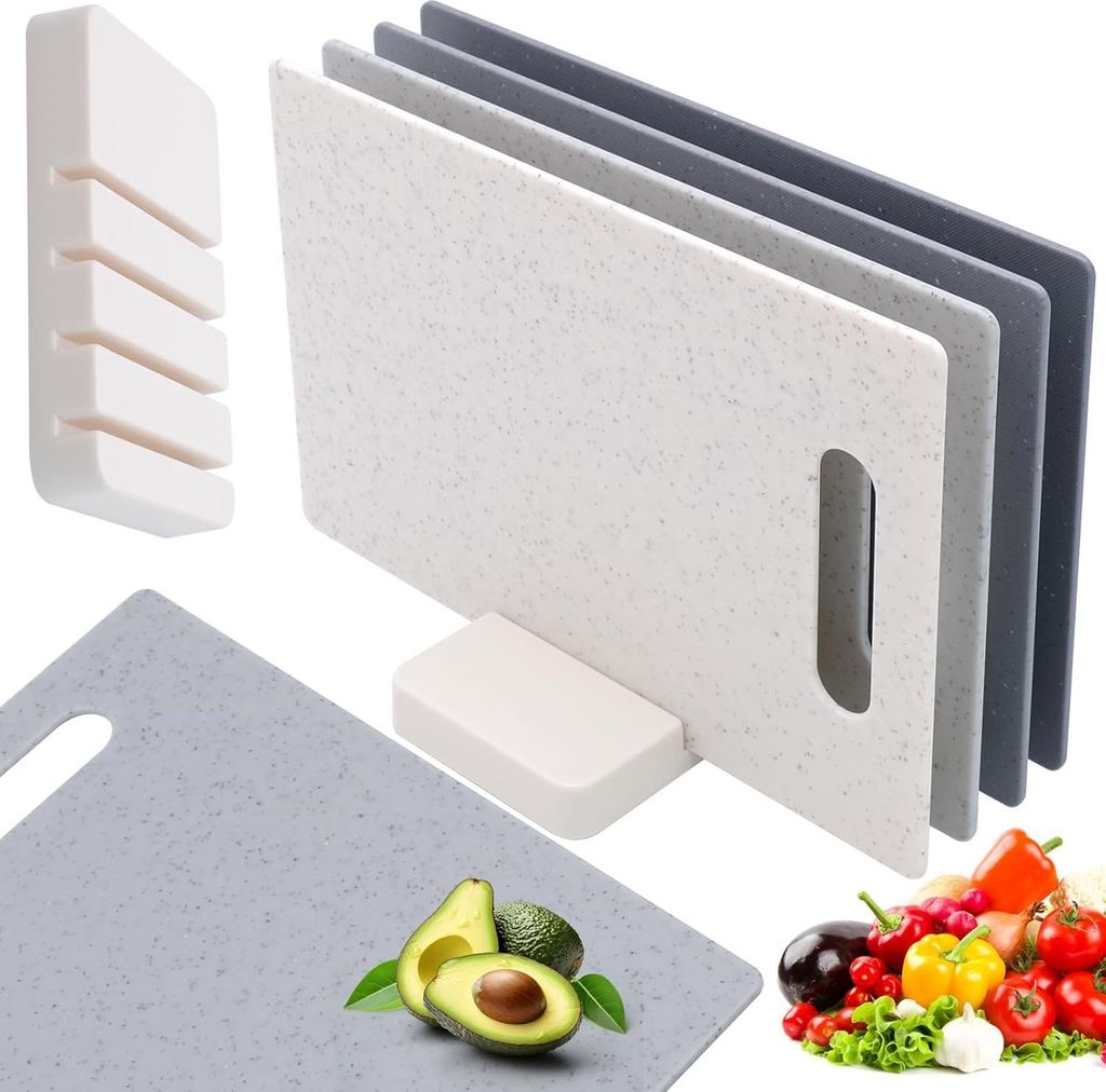 Schneidebrett-Set von 4, rutschfeste Kunststoff-Küchenbretter mit Griffen und Aufbewahrungsständer, professionelle Frühstücksplatte 28 x 18 cm,...