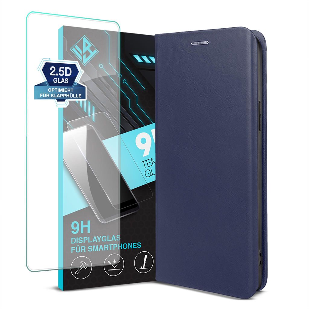 Handyhülle für Apple iPhone 17 mit 9H Displayglas Echtleder Flip Cover Hülle Case Kartenfach RFID Schutz Farbe: Blau