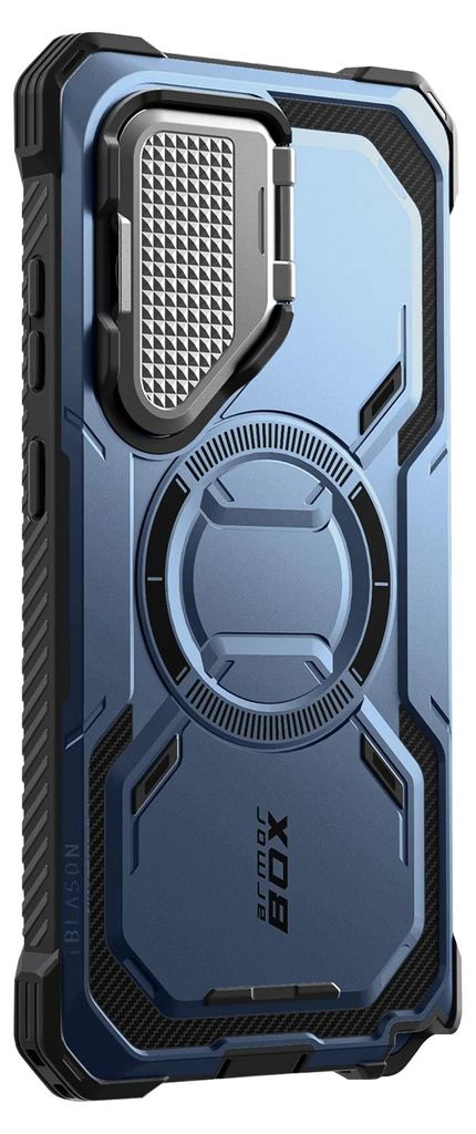 A close-up, angled view of the back of a blue smartphone case.