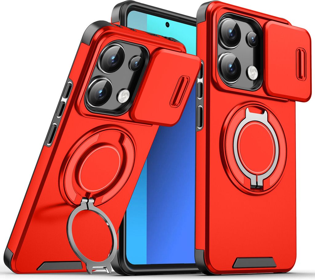 Handyhülle für Xiaomi Redmi Note 13 Pro 5G Dual-Layer Stoßfest Militär Hülle mit Dia Kameraschutz und Magnetisch Ring Ständer Rot