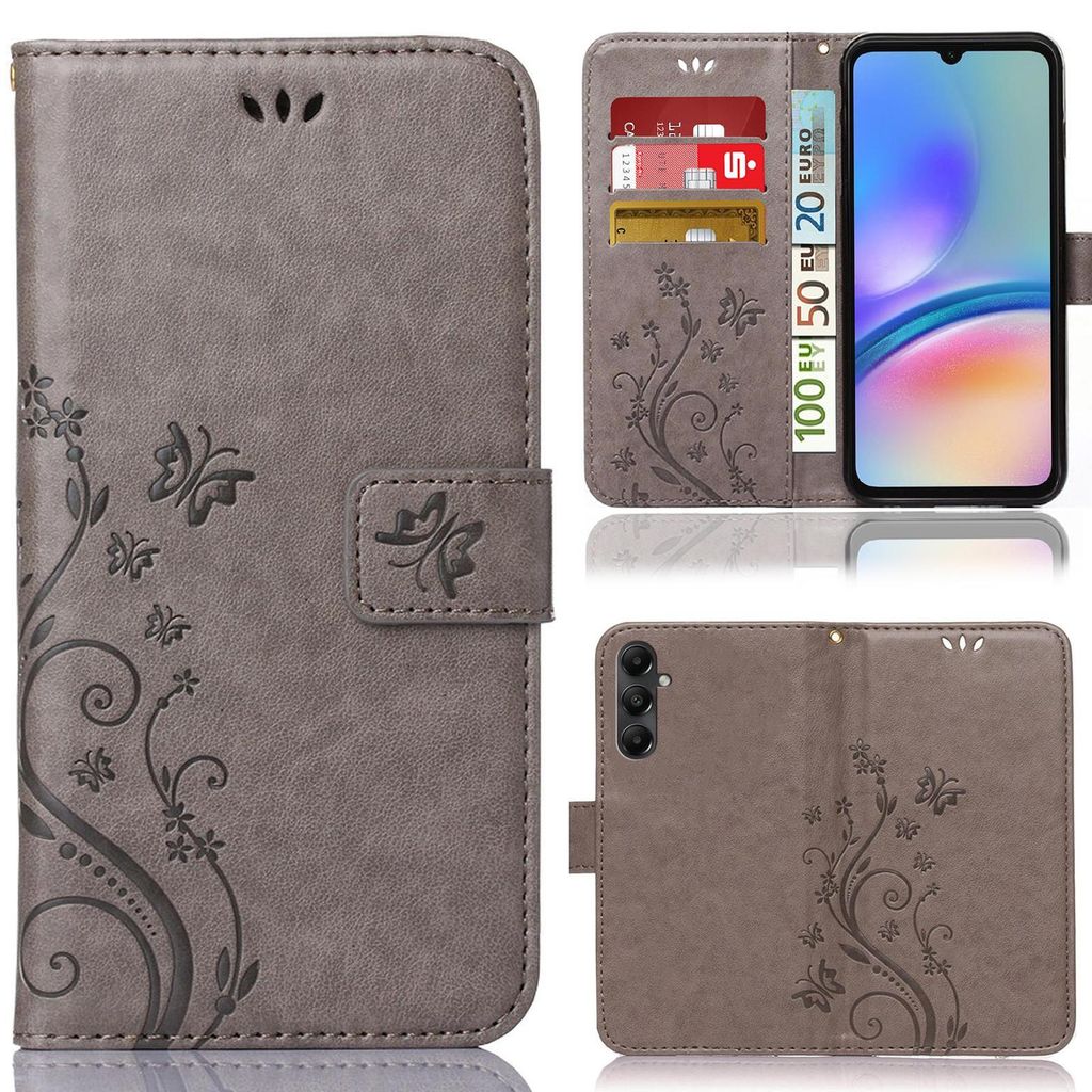 Handy Tasche für Samsung Galaxy A05s Schutz Hülle Handyhülle mit Blumenmuster Klapp Hülle mit Standfunktion und Kartenfächer Grau