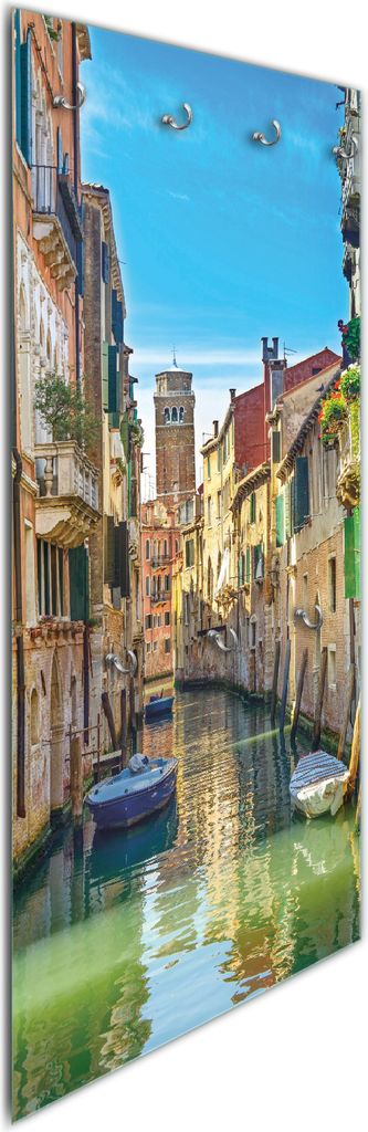 Wallario Flurgarderobe Wandgarderobe aus Glas, mit 7 Haken, Größe 50 x 125 cm, Motiv Urlaub in Venedig Kanal zwischen bunten Häusern